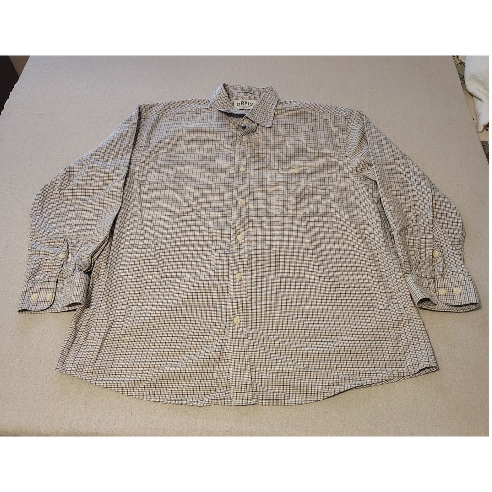 ORVIS‎ Mens Plaid Button Down Long Sleeve Casual Shirt Tan Blue Size Large
